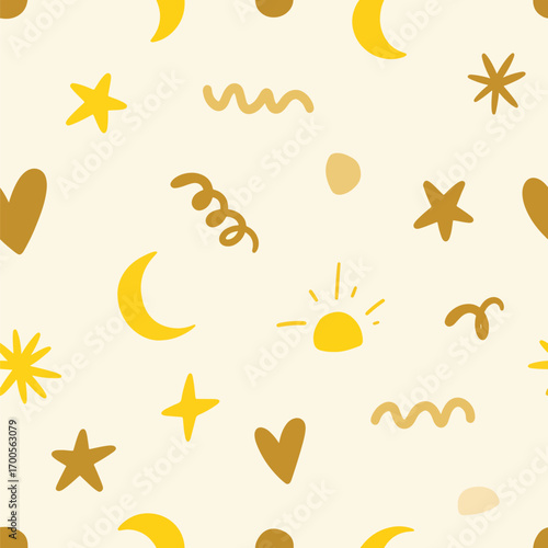 Playful pattern with celestial bodies hearts and abstract shapes vector design, patern seamless, Stock royalty.