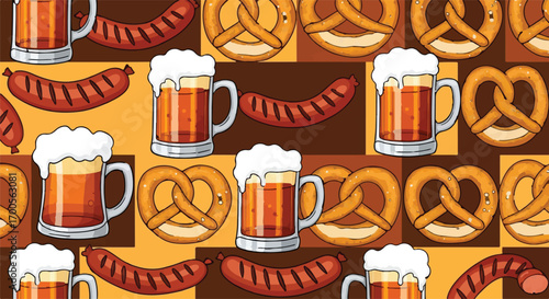 Celebratory pattern of golden beer mugs, savory pretzels, and grilled sausages, creating a lively festive atmosphere for food and drink events and traditional gatherings