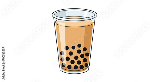 Cartoon bubble tea cup with black tapioca pearls