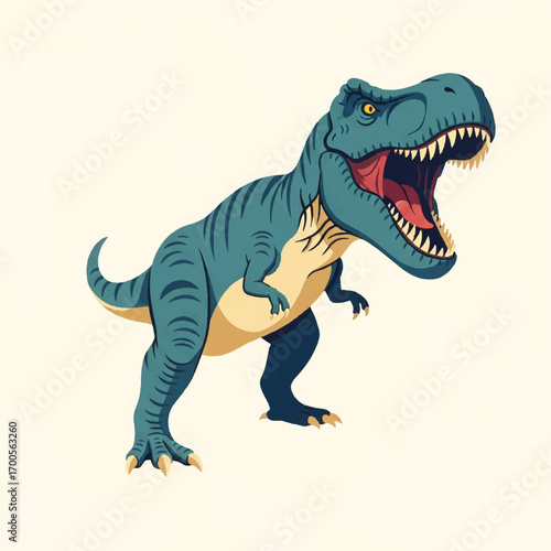 A vintage-style illustration of an angry T-Rex in a dynamic pose against a clean white background.