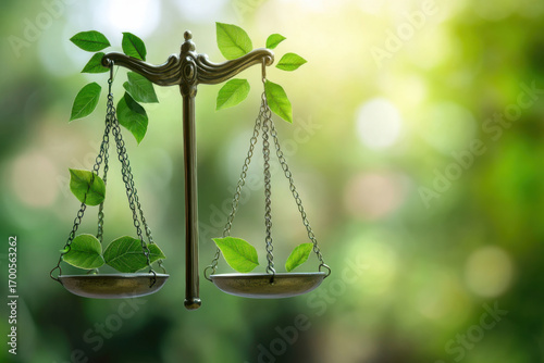 Environmental law concept with balance scale and green leaves growing on a blurred background