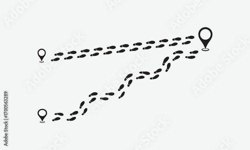 Footprint path with location pin icons. Human footsteps trail showing start and destination points. Concept of journey, travel, navigation, direction, and route planning