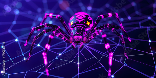 Neon cyber spider weaves digital web background. Purple techno 3d insect creates glowing generative AI network to protect and hack system