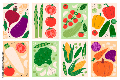 Vegetables illustration set. Culinary ingredients, organic food products, agricultural harvest. Poster for supermarket, kitchen, restaurant. Hand drawn flat vector illustration