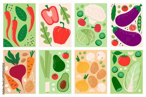 Vegetables illustration set. Culinary ingredients, organic food products, agricultural harvest. Poster for supermarket, kitchen, restaurant. Hand drawn flat vector illustration