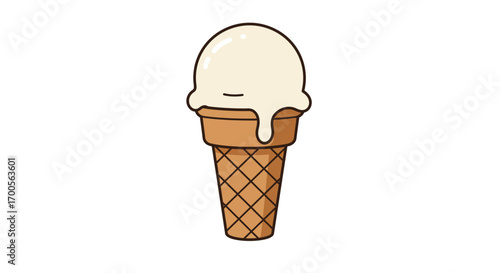 Cartoon ice cream cone with dripping vanilla scoop on waffle cone