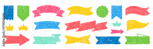 Cute Crayon Pencil Emphasis Squiggles Banners Vector Set. Chalk Scribble Heraldry Arrows Frames Speech Bubbles Underlines Hand Drawn Brush Texture Flag Ribbon Shapes Highlights Pencil Charcoal Doodles