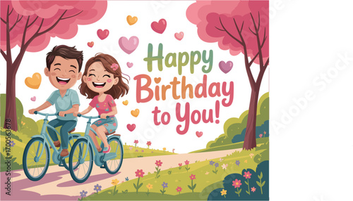 Joyful couple cycling together on a sunny spring day