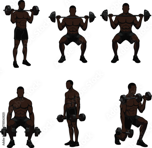 Weightlifting illustration set featuring barbell and dumbbell squats, lunges, and muscular poses for fitness design, education, and merch