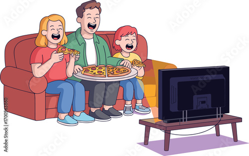 Family enjoying pizza and movie night together on the couch