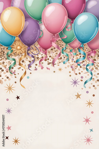 Colorful birthday card template with balloons. Festive party invitation background for celebration and greeting designs. 