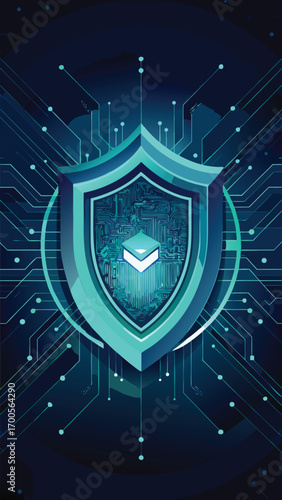 Digital data protection concept illustrating security and shielding through abstract tech circuitry graphic