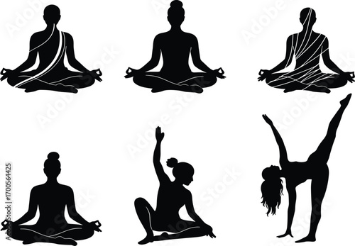 Yoga silhouette illustration set featuring seated and standing poses, balance gestures, and wellness posture for design, education, and merch