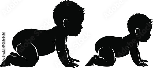 Black silhouette illustration of two crawling babies, infant development stages, early childhood milestone concept, vector art, flat design, minimal style
