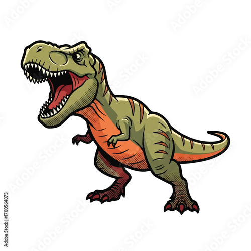 Vintage-style illustration of an angry T-Rex with green and orange hues on a clean white background.