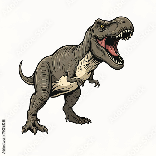 Vintage-style illustration of an enraged T-Rex with an open mouth and sharp teeth on a clean white background.