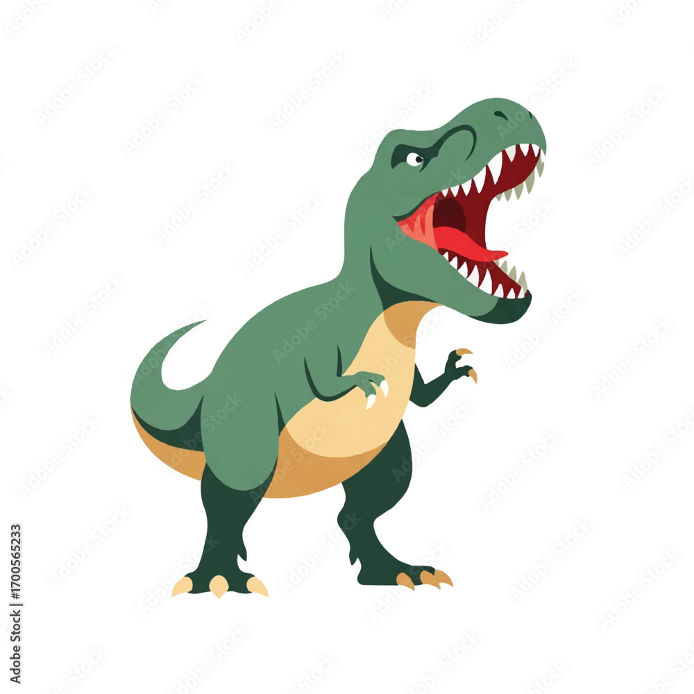 Fototapeta premium A vintage-style illustration of an angry T-Rex with a green and yellow body, standing in a powerful stance against a clean white background.