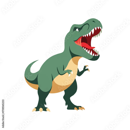 A vintage-style illustration of an angry T-Rex with a green and yellow body, standing in a powerful stance against a clean white background.