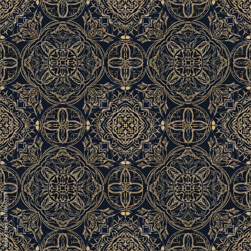 Ornate vintage pattern featuring circular and square gold motifs on navy background, patern seamless, Stock royalty free.