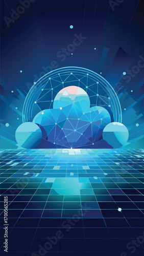 Futuristic cloud computing representation showcasing global data storage and network technology in a digital blue design