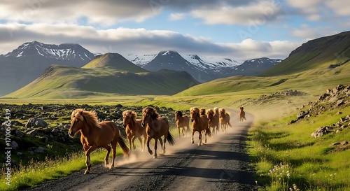 Wallpaper Mural Icelandic Horses Galloping on a Dirt Road with Mountain Backdrop. Torontodigital.ca