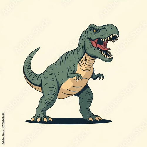 Vintage-style illustration of an angry T-Rex with an open mouth and sharp teeth on a plain background.