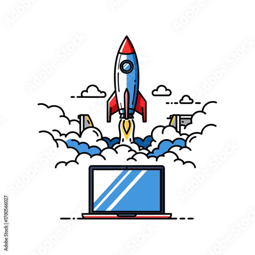 Vector illustration of a rocket launching from a laptop screen representing business growth with flat design and bold outlines in a 3-color style.