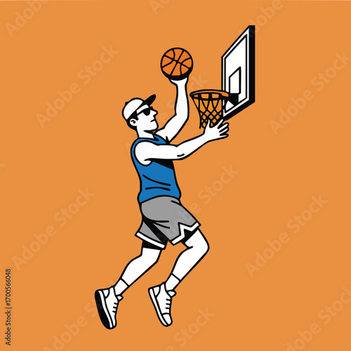 A basketball player in a blue tank top gray shorts white shoes and a hat dunking a basketball against an orange background