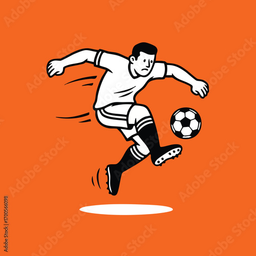 A soccer player in a white uniform kicks a black and white soccer ball The background is orange