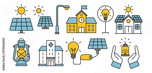 Flat vector icons featuring solar powered lighting systems for rural schools and clinics