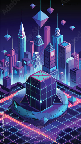 Futuristic neon cityscape with abstract geometric elements and floating diamond shapes in a digital illustration