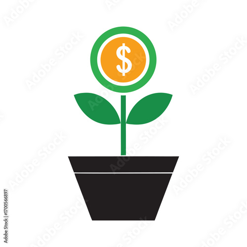Green plant with dollar coin flower in black pot vector illustration money