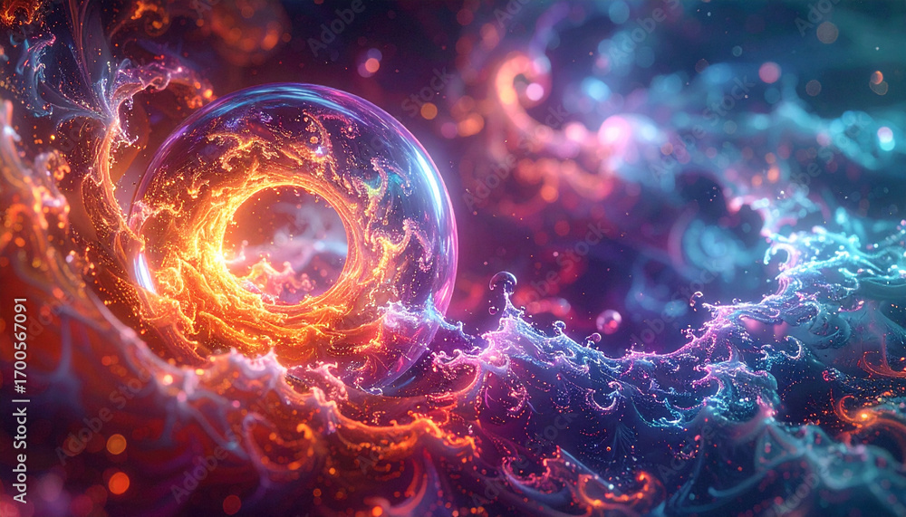 Obraz premium A vibrant cosmic ring of energy, surrounded by nebulous swirls of color,Abstract cosmic entity with swirling colors, a captivating dance of light and energy