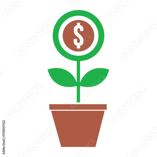 Green plant with dollar sign coin growing from brown pot money growth