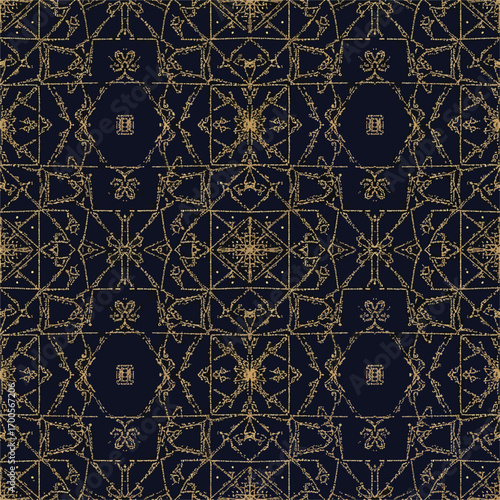 Ornate geometric pattern featuring intricate gold designs on a dark blue background, seamless pattern, Stock royalty image.