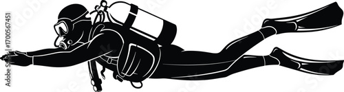 Black silhouette illustration of scuba diver swimming underwater with full gear, diving and marine exploration concept, vector art, flat design, minimal style