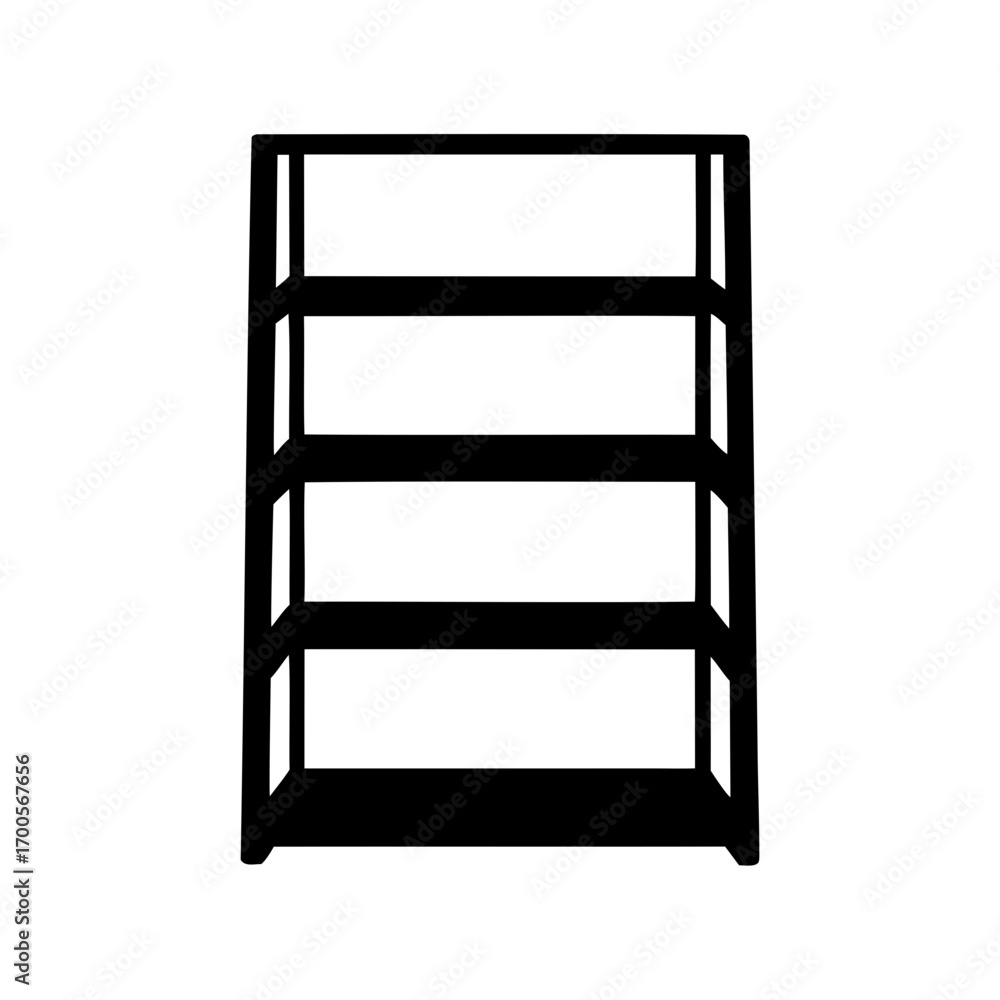 Black and white minimalist illustration of an empty bookshelf with four shelves Black and white minimalist illustration of an empty bookshelf with four shelves