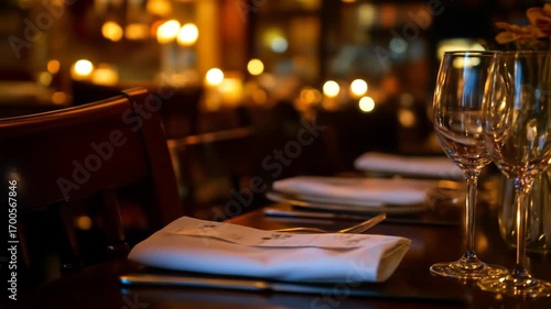Restaurant table setting with glassware, candle, and floral centerpiece
