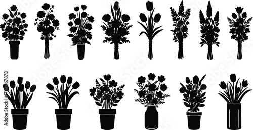 Black silhouette illustration of twelve flower arrangements in pots, vases, and bouquets, floral decoration and botanical design concept, vector art, minimal style