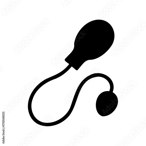 Monochrome illustration of a medical enema or suction bulb with tubing