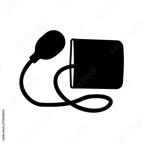Black silhouette of a sphygmomanometer, blood pressure cuff and bulb, on white