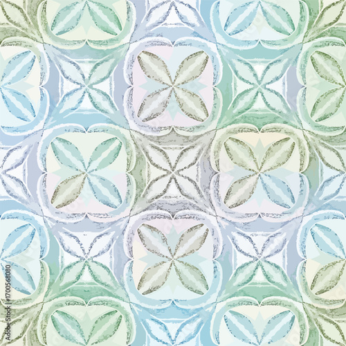 Ornate floral pattern with soft blue and green hues in a decorative design, seamless pattern, royalty free stock.