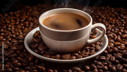 A Warm Cup Of Coffee Sits Delightfully Atop A Bed Of Roasted Coffee Beans The Rich Colors Evoke Comfort And Warmth Perfect For Branding Or Lifestyle Imagery Ai