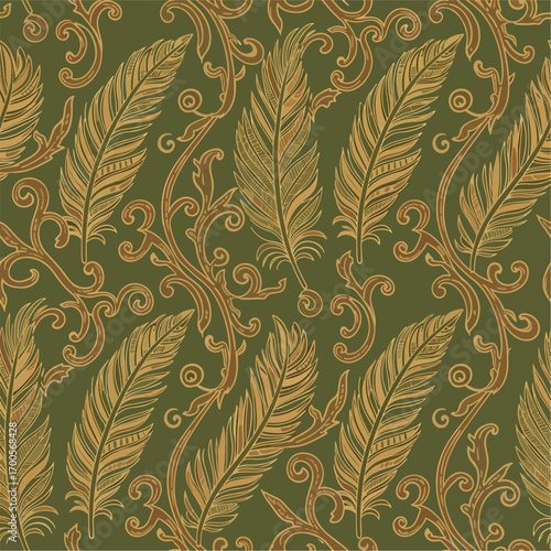 Ornate feather pattern with scrolling tendrils on an olive green background, seamless pattern, Stock royalty.
