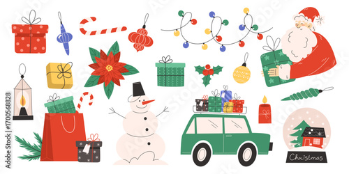 Big Christmas set with Santa Claus, gift boxes, ornaments, garland, snowman, and poinsettia