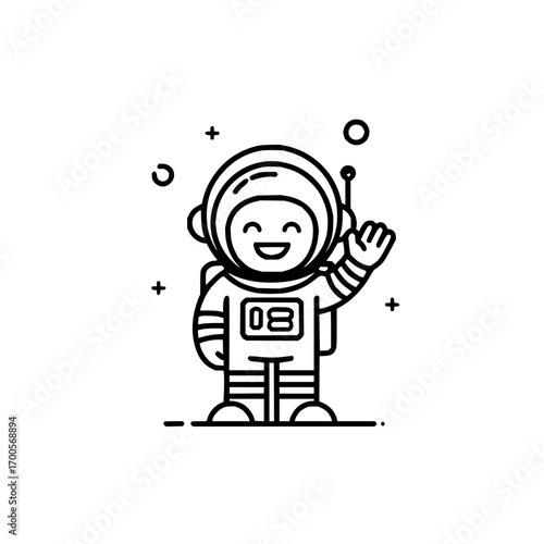 Cartoon astronaut in space suit waving hello vector illustration for kids science and exploration concept