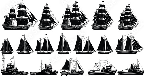 Black silhouette illustration of sailing ships, sailboats, and motorized boats in various designs, maritime and nautical transport concept, vector art, flat design, minimal style