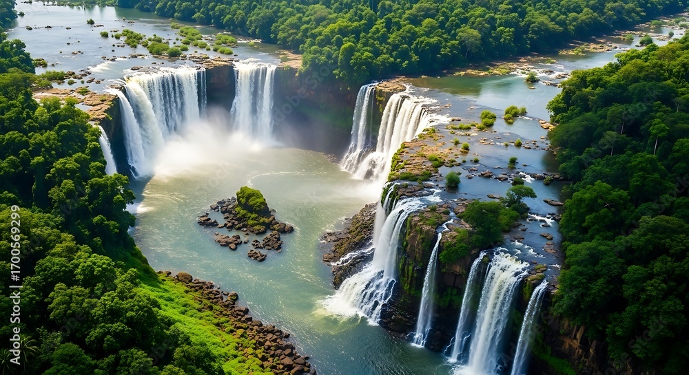 Naklejka premium Majestic Waterfall in Lush Green Forest Landscape.