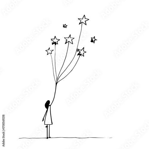 Girl reaching for stars drawing illustration simple sketch art black and white celestial dreams hope inspiration