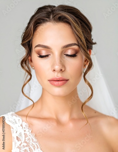 Beautiful bride with elegant updo and soft makeup